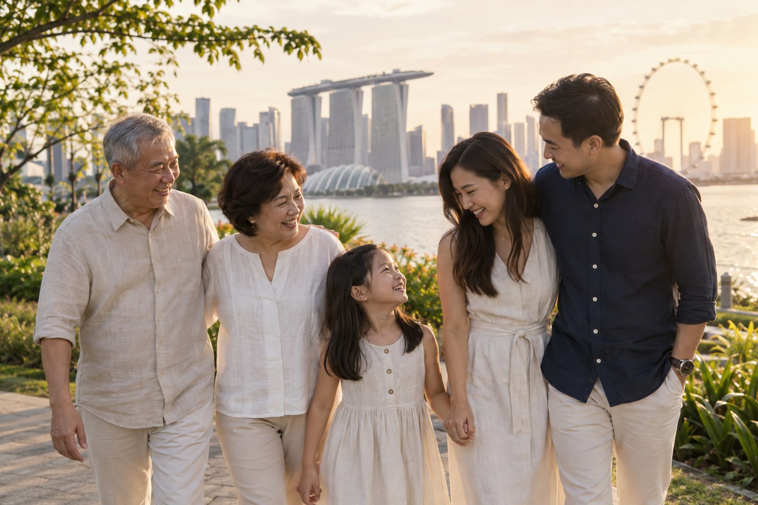 Illustrative multigenerational Singaporean family sharing a moment by Marina Bay