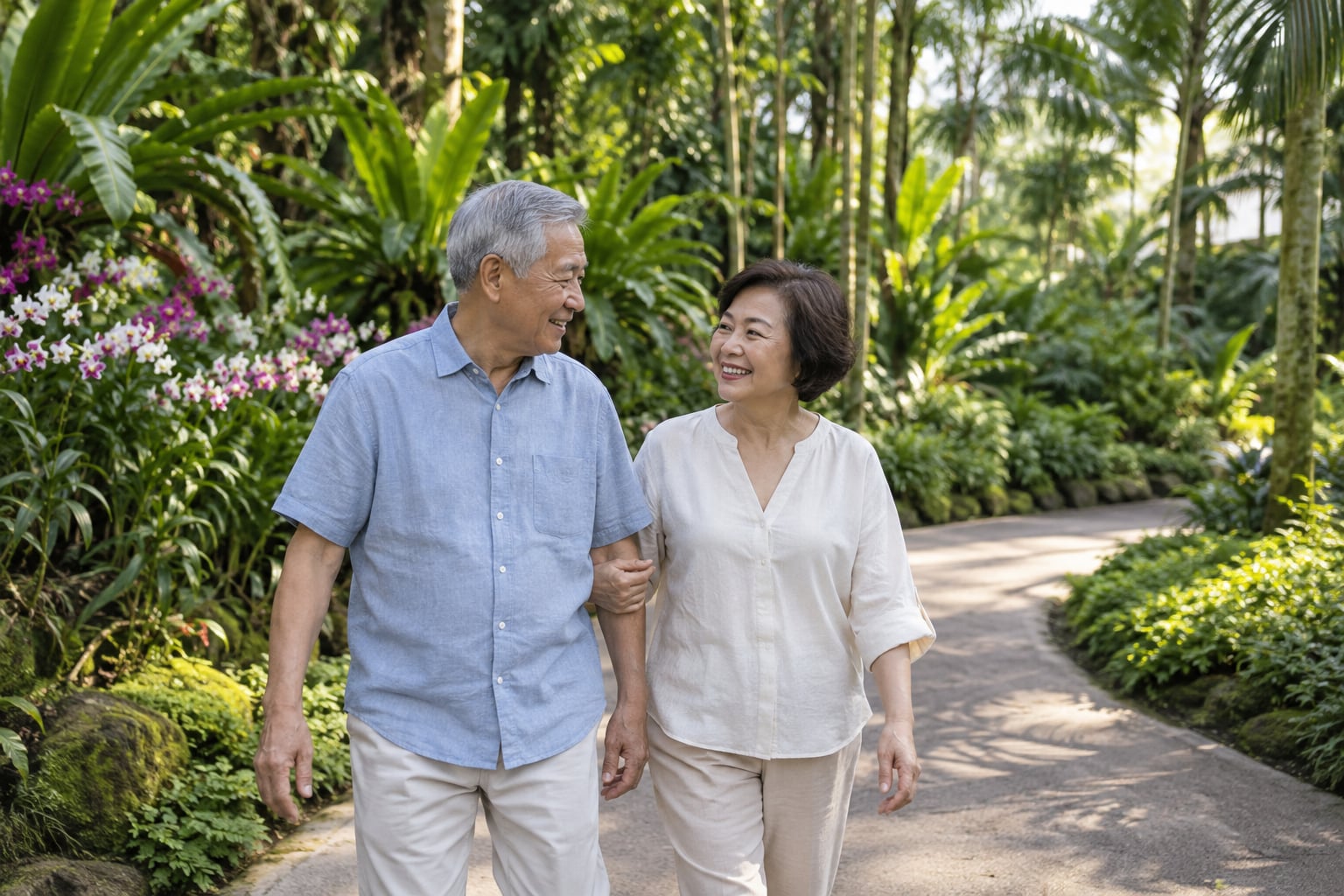 Illustrative Singaporean retired couple enjoying a quiet walk in a tropical garden